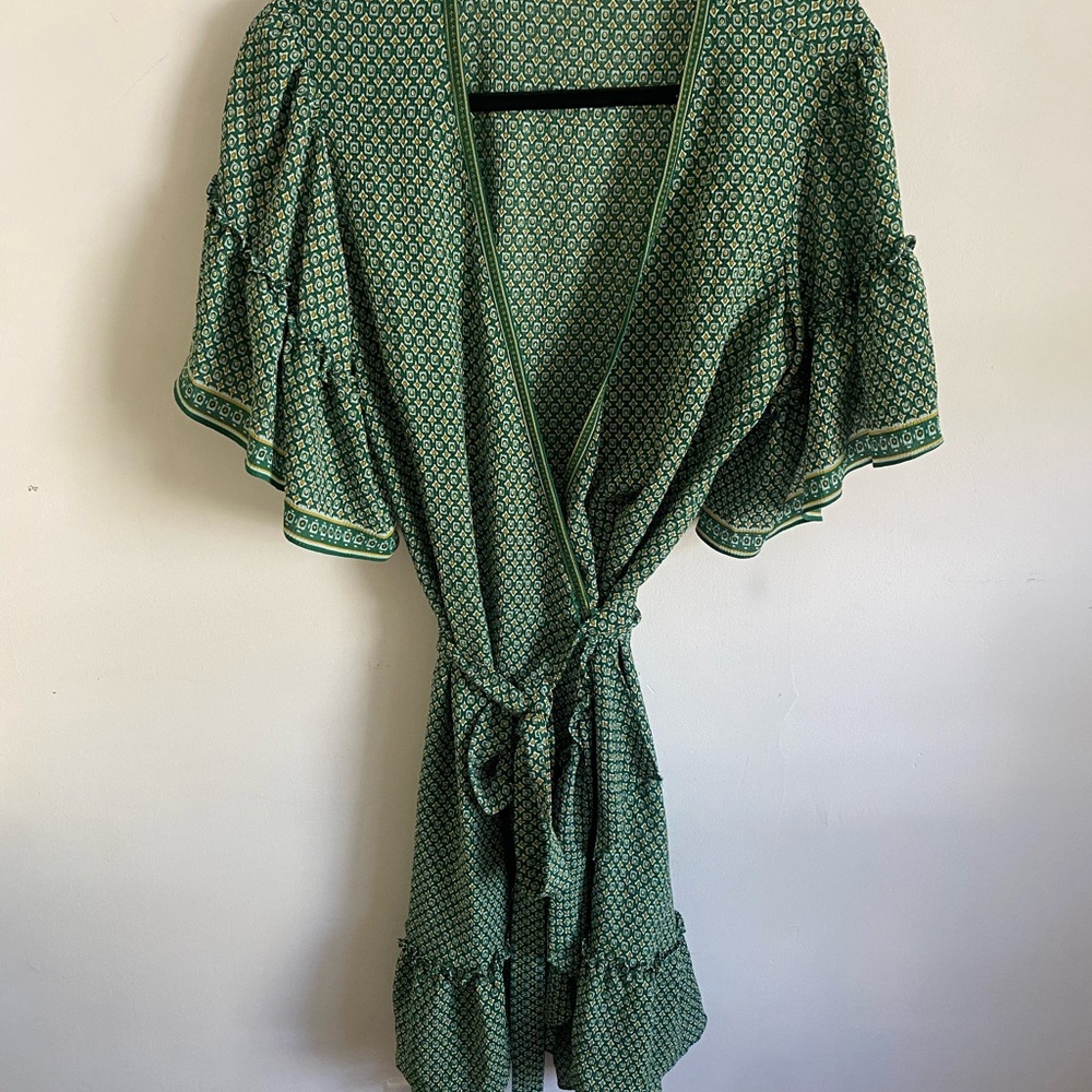Max Studio Green and Yellow Wrap‎ Dress With Ruffle Sleeves and Hem